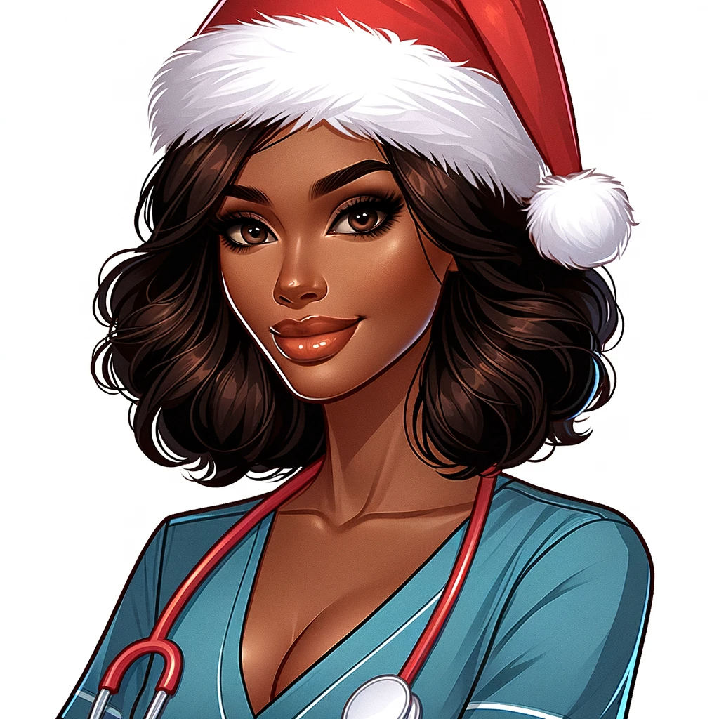 DALL·E 2023-12-20 05.38.28 - Illustration of a stunning African American female with an animated headshot, dressed in a nurse uniform and wearing a Santa hat. The image portrays h